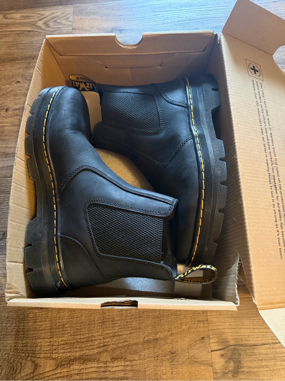 Dr. Martens Black Chelsea Boots with Yellow Welt Stitching. Never worn in box